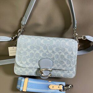 Coach Soft Tabby Blue Denim Shoulder Bag with Monogram Pattern